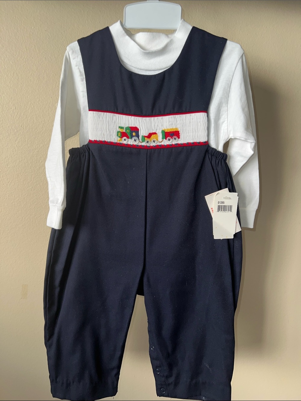 VTG 1990's Navy Hand Smocked Train Applique Baby Romper with White Shirt 18M
